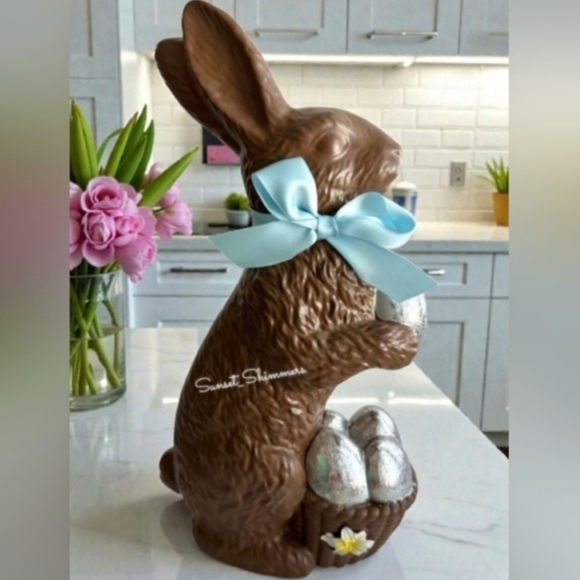 unbranded Other - LARGE 13.5” Faux Chocolate Easter Bunny w/ Foil Eggs Figure Tabletop Decor New